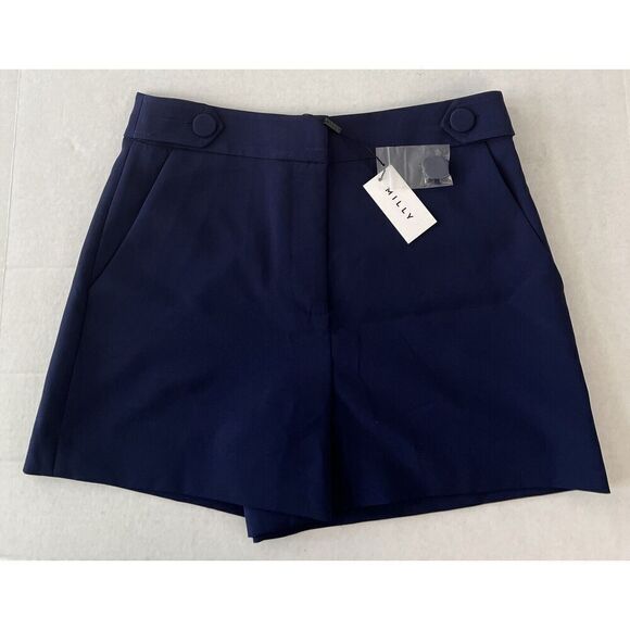 MILLY Aria Cady Sz 10 Button Tab Shorts Navy Blue - Picture 1 of 11